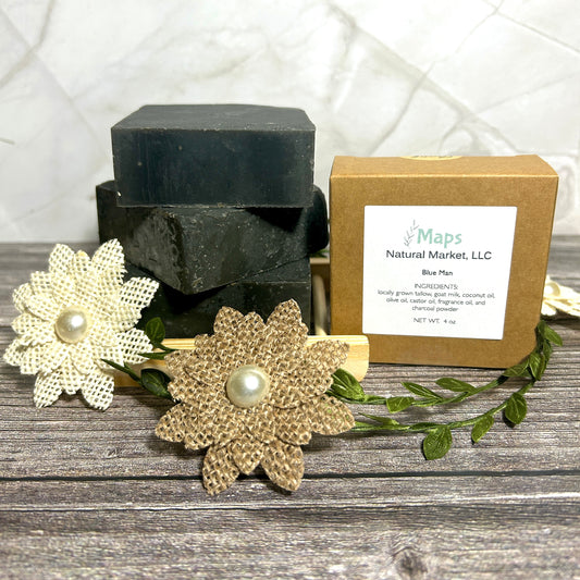 Patchouli, orange peel, sparkling mandarin, coriander leaves, star anise, and tonka bean charcoal goat milk soap with tallow