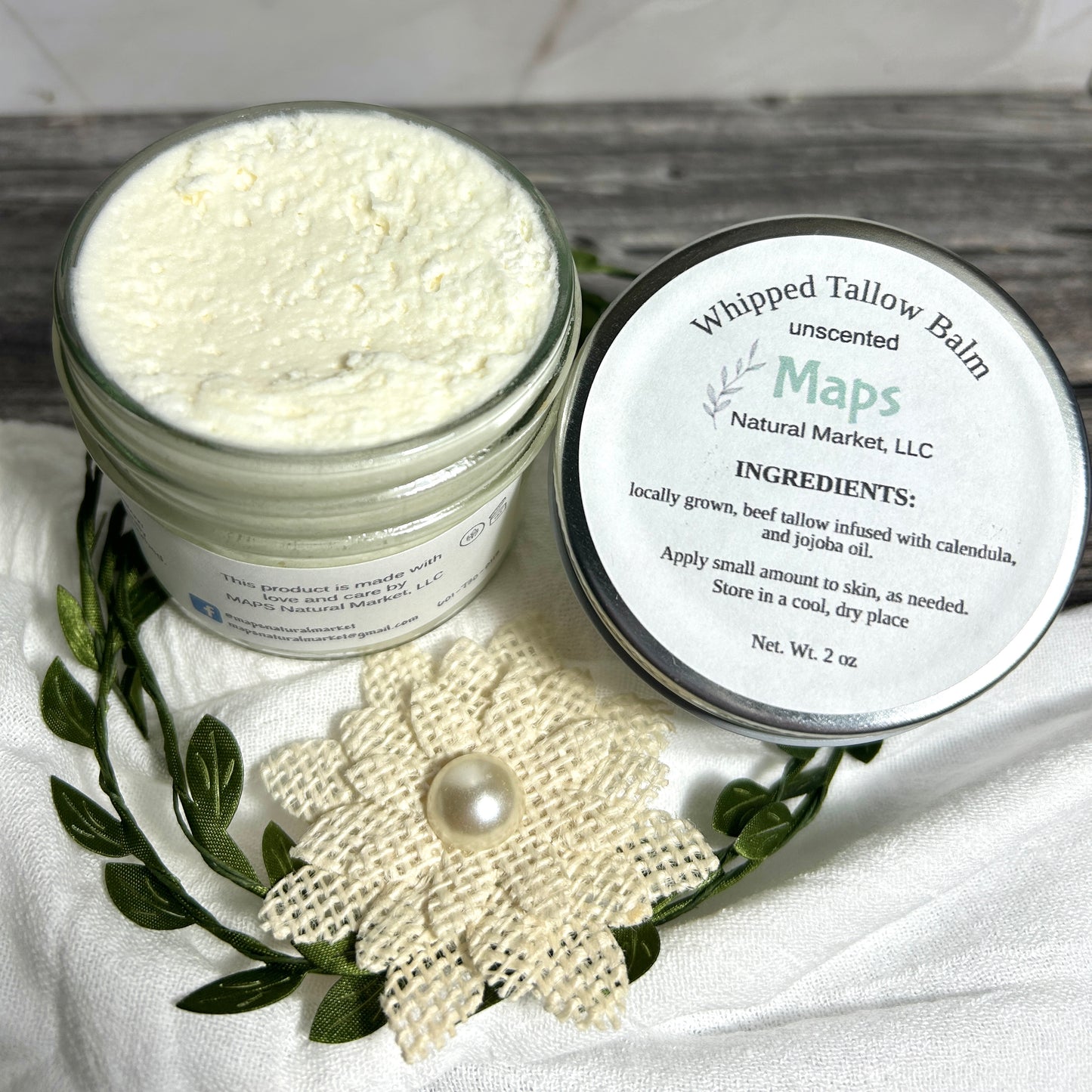 calendula infused whipped tallow balm in glass jar handmade by MAPS Natural Market