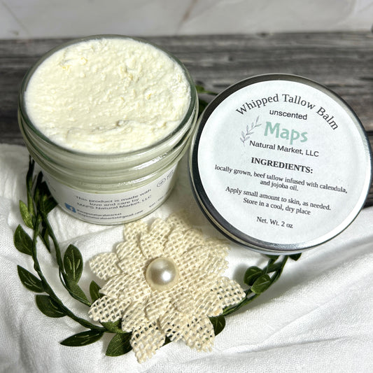 calendula infused whipped tallow balm in glass jar handmade by MAPS Natural Market