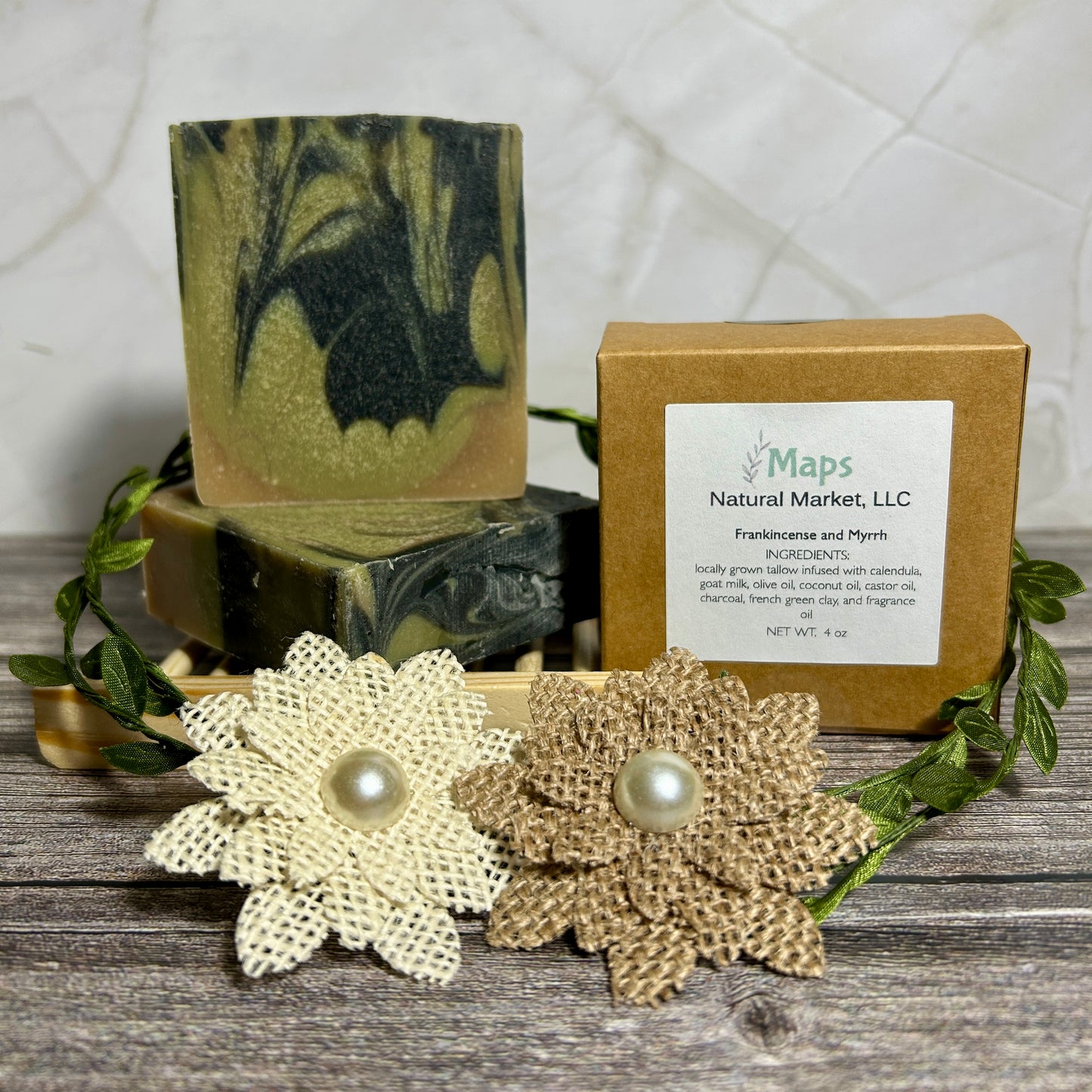frankincense and myrrh goat milk soap handmade bar with charcoal swirl