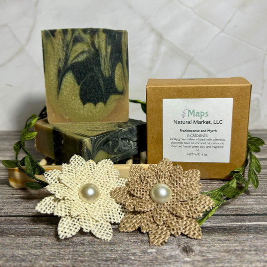 frankincense and myrrh goat milk soap handmade bar with charcoal swirl