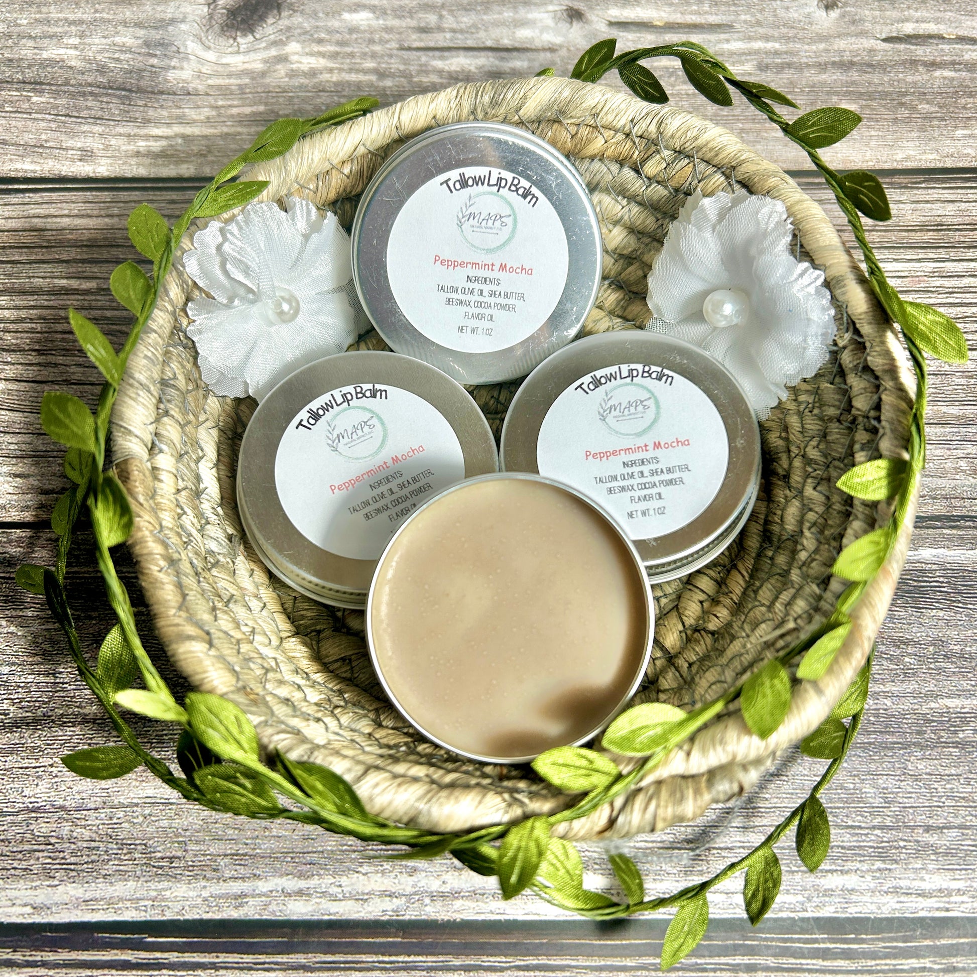 peppermint mocha natural tallow lip balm tin
