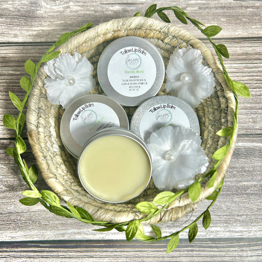 vanilla mint natural tallow lip balm tin