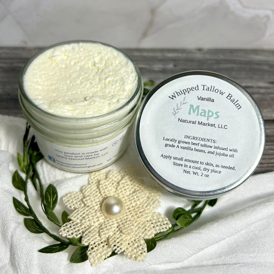 vanilla infused whipped tallow balm creamy texture in glass jar
